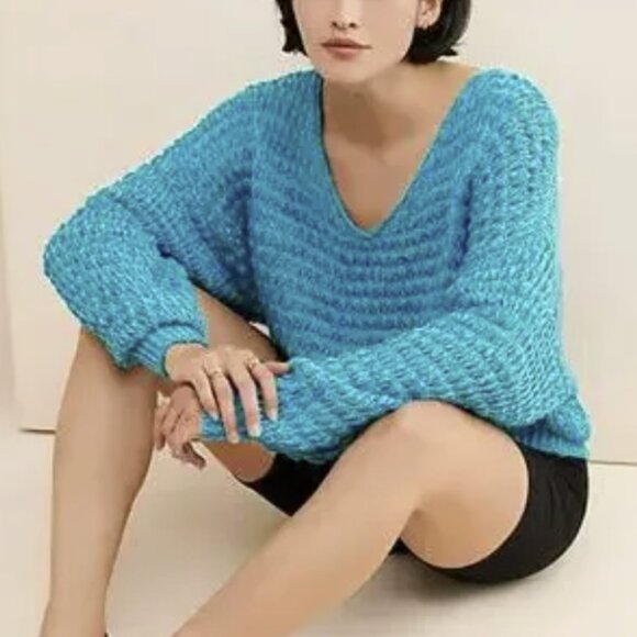 NWT Free People Coconut V-Neck Sweater Pristine Waters Loose Knit Oversized XL - Picture 2 of 13